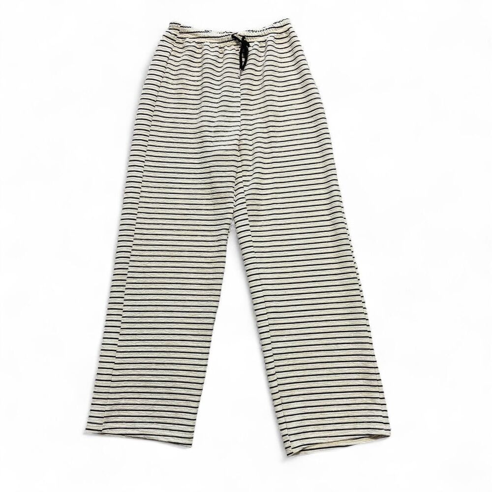 Striped Cotton Straight Leg Pants Cream Black Elastic Waist Drawstring Small